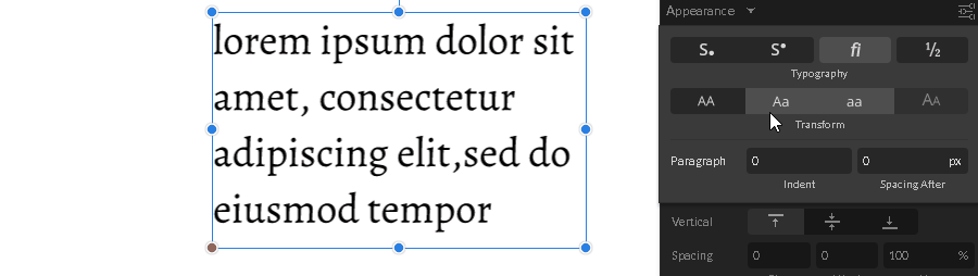 Text transform options example in Corel Vector